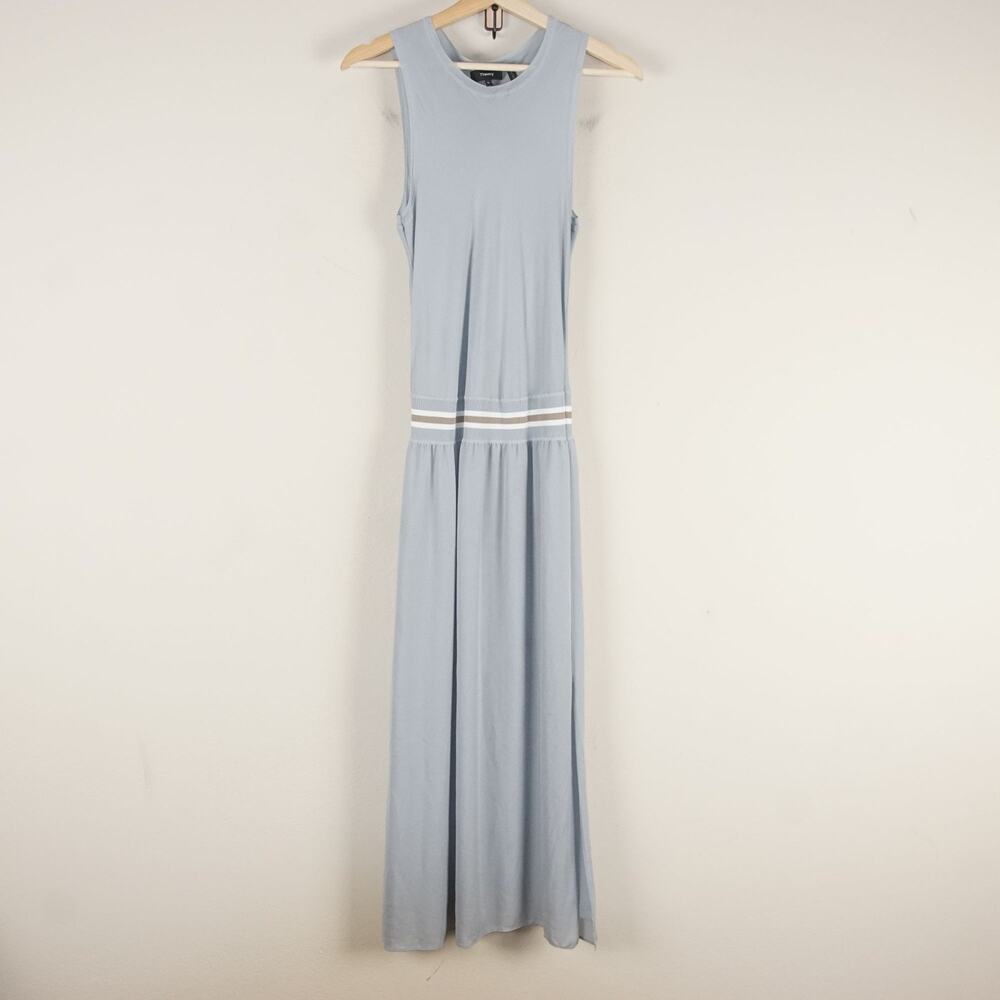 Theory Lewie Silk Georgette Dress Mist Blue With Striped Waistband Womens Sz M